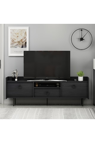 T0015 Lidya Kapaklı, Açık Raflı Tv Sehpası - Ahşap Siyah Ahşap Siyah