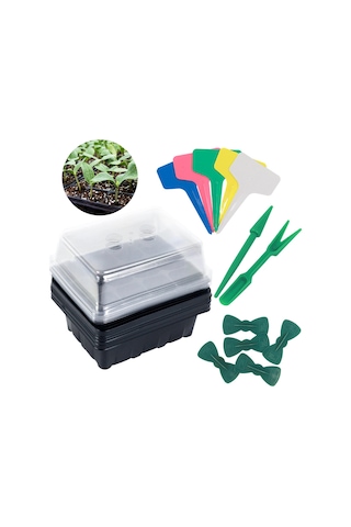 Monyee 5'li Siyah 12 Hücreli Fidancı Seti - Nem Kontrollü Kapağı, Su Drenajlı Tabani Ve Bahçe Araçlarıyla Fidan Yetiştirme Kutusu