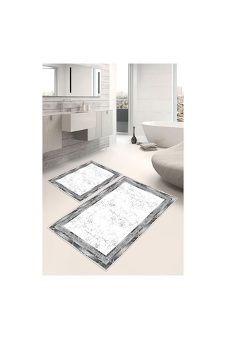 Çerçeveli Modern Desenli Dijital Baskılı Yıkanabilir 2li Banyo Paspası Gri