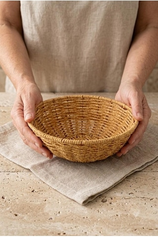 Yıkanabilir Rattan Yuvarlak Ekmek Sepeti 20.5 Cm - Metal İskeletli Hasır Banyo Ve Mutfak Sepeti Kahverengi