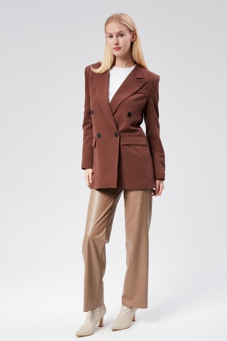 Kahverengi Regular Astarlı Kruvaze Kapama Dokuma Oversize Blazer Ceket 001