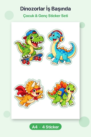 Dinozorlar İş Başında 4 Adet Büyük Dinozor Sticker Çıkartma A4 Defter Etiketi Çok Renkli