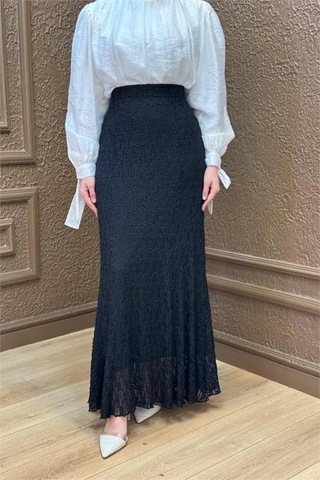 Neşeli Butik Kadın Siyah Dantel Kumaş Maxi Boy Tesettür Etek