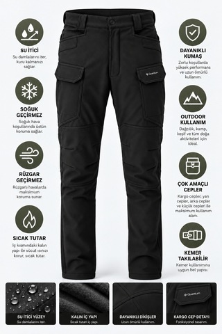 Dechers Erkek Kışlık İçi Polarlı Rüzgar Su Geçirmez Soft Shell Taktik Pantolon - E231 Siyah