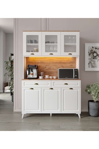 Guneystore Gözde Kahve Köşesi - 140 Cm Mdf Ayaklı Mutfak Dolabı - Led Aydınlatmalı Atlantik Çam - Beyaz