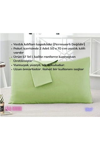 Yeşil Renkli Pamuklu Ranforce Kumaştan Yastık Kılıfı 2 Adet Yeşil