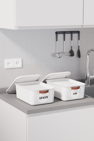 2 Li Bakliyat Erzak Saklama Kabı Un Şeker Saklama Kutusu Kapaklı Kulplu Plastik Saklama Kabı Beyaz