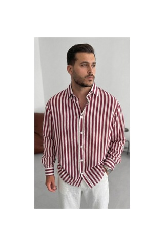 Butik İstanbul Erkek Dikey Çizgili Yarım Oversize Gömlek Bord