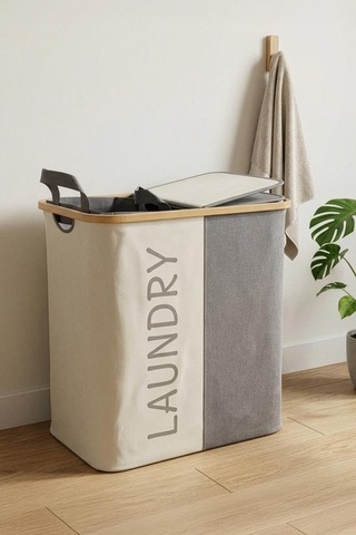 Bambu 2 Bölmeli Kirli Çamaşır Sepeti Banyo Düzenleyici Sepet 53,5x28 Cm Çok Renkli
