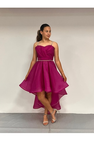 Kız Çocuk Abiye Fuşya Taş Kordon Askılı Kalp Yaka Kuyruklu Şifon Abiye Elbise 9-16 Yaş Fuşya