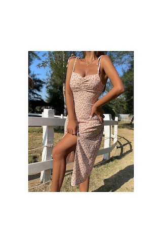 Bella Notte Çiçek Baskılı Düğümlü Askılı Yazlık Elbise Pembe