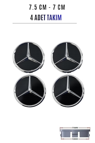 Mercedes Uyumlu Siyah Jant Göbeği Kapağı Arması 75 Mm 7,5 Cm 4'lü Takım