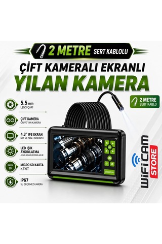 2 Metre Çift Lens Ekranlı Yılan Kamera 5.5mm Lens Sert Kablo