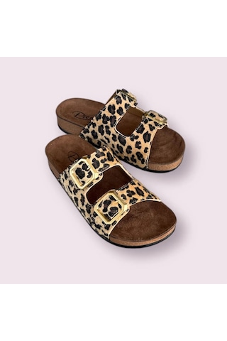 Leopar Desen Soft Kadın Ev Terliği Rahat, Çift Tokalı Model Turuncu