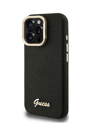 Apple Uyumlu iPhone 15 Pro Max Kılıf Guess Lisanslı M-safe Şarj Özellikli Kamera Standlı Peony Kapak Siyah