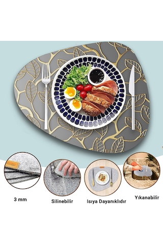 Valerine Life Gold Sarmaşık Yapraklı Amerikan Deri Kaymaz Yıkanabilir Gri Servis Altlığı 12 Parça 6 Siyah