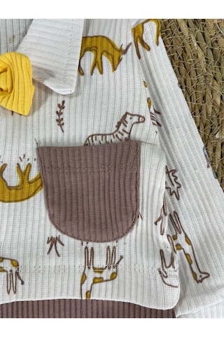 Bebicix Kaşkorse Esnek Papyonlu Animal Figürlü Patikli Çıtçıtlı Erkek Bebek Tulum Sütlü Kahve
