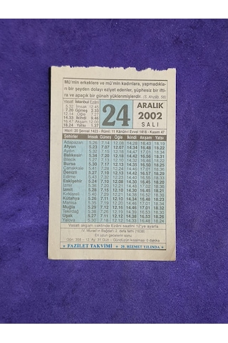 24 Aralık 2002 Takvim Yaprağı - Nostalji Koleksiyonluk Takvim Yaprağı