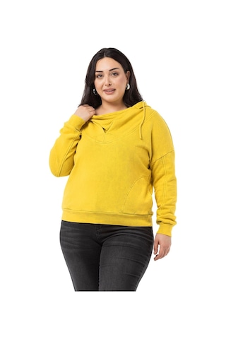 Büyük Beden Degaje Kapüşonlu Yaka Cepli Parça Boyalı Üç İplik Hardal Sweatshirt-hardal Hardal