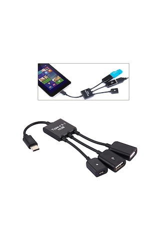 Sones 17,8 Cm 3 Portlu Usb-c / Type-c 3.1 Otg Şarj Hub Kablosu, Galaxy S8 Ve S8 + / Lg G6 / Huawei P10 Ve P10 Plus / Xiaomi Mi 6 Ve Max 2 Ve Diğer Akıllı Telefonlar İçin Siyah