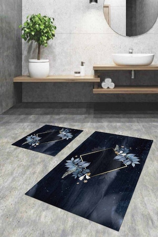 Lacivert Çiçekli Banyo Halısı Klozet 2'li Paspas Seti Bs053n11