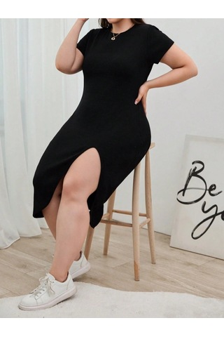 Valensdesign Kadın Büyük Beden Kısa Kollu Yanı Yırtmaçlı Bisiklet Yaka Viskon Elbise Siyah