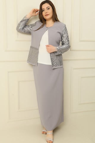İçi Yarım Ay Kol Bluz Pul Nakışişlemeboncuk Detaylı Ceket Etek Astarlı Büyük Beden 3'lü Takım Gri