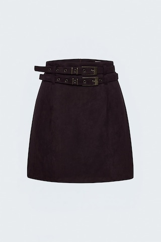 Sateen Süet Çift Kemerli Mini Etek - Bordo-137996