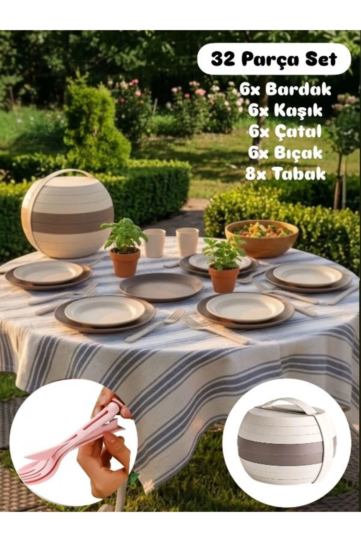 Kompakt Küre Taşınabilir 24 Parça Piknik Ve Kamp Yemek Takımı 6 Kişilik Piknik Seti Krem