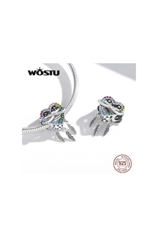 Wostu Açacağı Renkli Rhinestones Kalp Şeklinde Dreamcatcher 925 Ayar Gümüş Göz Alıcı Boncuk Fit Orijinal Bilezik Bileklik Dıy Güzel Takı Gümüş