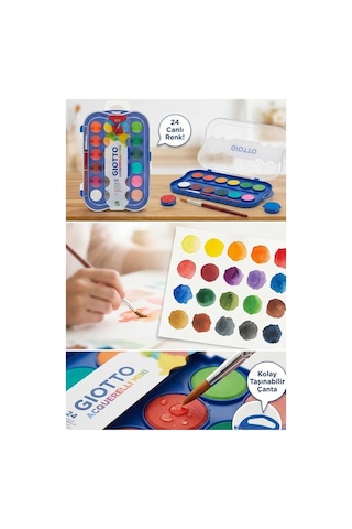 24 Renk Sulu Boya 30mm 1 Paket Giotto 24 Lü Suluboya Fırça Hediyeli Canlı Renkler Acquerelli Kaliteli Yıkanabilir Çok Renkli