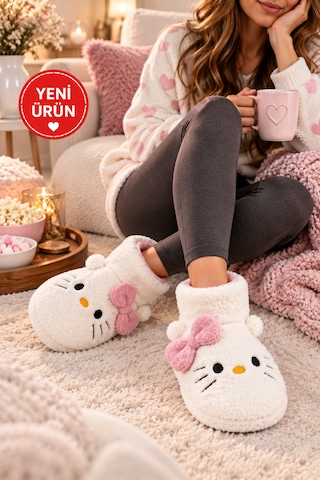 Moon Cloud Moo Kadın Peluş Pudra Hello Figürlü Ev Botu Kışlık Sıcak Tutan Yumuşak Tabanlı Sevimli Terlik Ev Panduf Ev Beyaz - Pembe