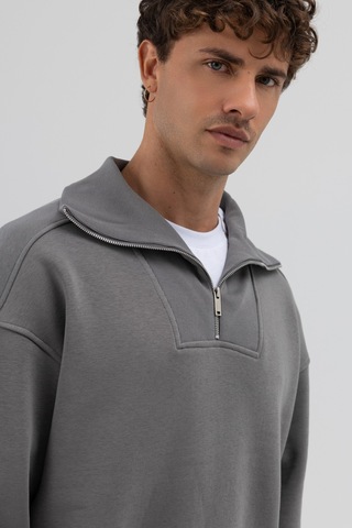 Vamos Basic Fermuarlı Dik Yaka Sweatshirt Füme