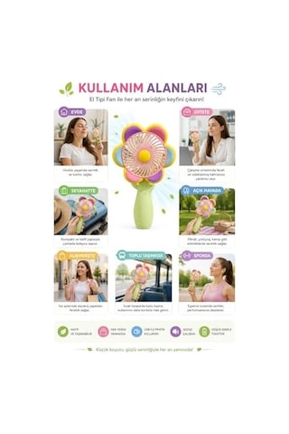 Mini El Fanı Usb Şarjlı Type-c Bağlantılı 3 Kademeli Taşınabilir Elektrikli Fan Masaüstü Ve El Tipi Kullanım Renk Serinletici Fan Yeşil Pembe Sarı Papatya . 94960027