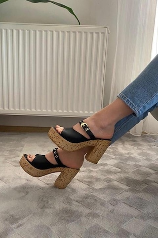 Asmi Shoes Kadın Tena Mantar Taban Platform Topuklu Terlik 10 Cm Snd456 Siyah Siyah