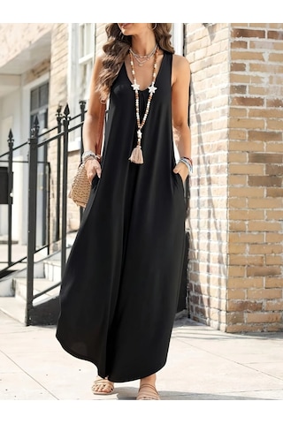 Ahes Shopping Kadın Askılı Yuvarlak Yaka Cepli Salaş Uzun Viskon Tulum Siyah