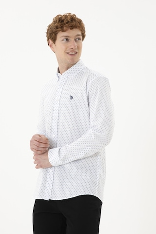 U.S. Polo Assn. Erkek Mavi Baskılı Beyaz Gömlek 50288677-VR036