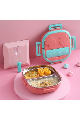 Moveevo Mavi 3 Bölmeli Çocukluk Çelik Yemek Kutusu, Kaşık Ve Tabaklı Pratik Mutfak Seti - Ev Kullanıma Uygun, Dayanıklı Ve Kolay Kullanım MAvi