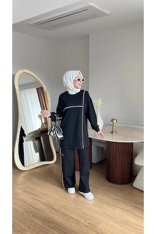 Olivia Kadın Mevsimlik Penye Alt Üst Spor Ve Rahat Tesettür İkili Takım Siyah