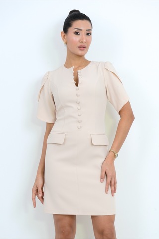 Dorne Moda Özel Seri Düğme Detaylı Mini Elbise - Düğün - Mezuniyet - Ofis Şıklığı Bej Bej