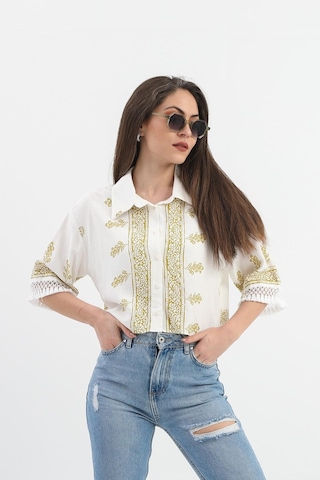 Antik Desenli Kolları Püsküllü Gömlek - Haki-haki Haki