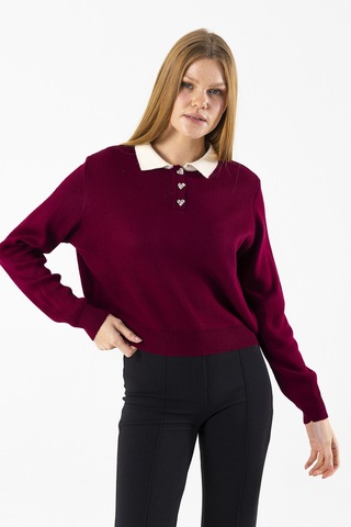 Giysa Kadın Polo Yaka Düğme Detaylı Triko Kazak Bordo - 25k 2546 Bordo