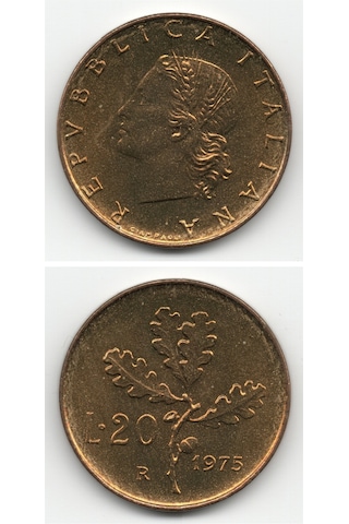 Italya. 20 Lire 1975. Çil Eski Madeni Para