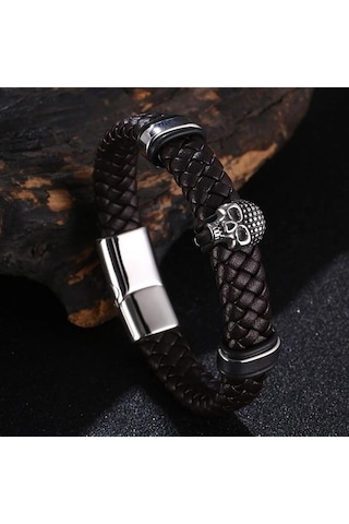 Erkek Örgülü Deri Kurukafa Bileklik Paslanmaz Çelik Erkek Bilezikleri Parti Takıları Hediye Punk Bileklik Kahverengi