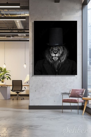 Dikey Kanvas Tablo Tekli Ev Kafe Ofis Şapkalı Tasvir Edilmş Aslan Şeklinde Adam 2730