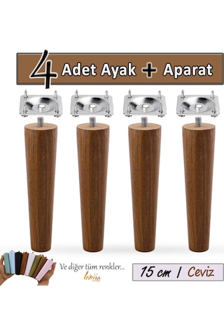 4 Adet Ahşap Ayak 15 Cm Ceviz M8 Civatalı Bağlantı Aparatlı Dolap Mobilya Koltuk Kanepe Destek Ayağı Ayakları Ceviz