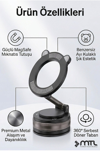 Manyetik Dayanıklı Araç İçi Telefon Tutucu - Tek Tıkla Kolay Kullanım Magsafe Uyumlu Siyah