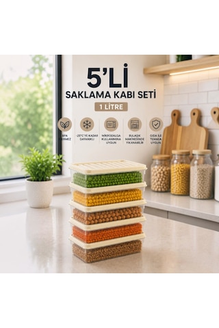 5'li Saklama Kabı Seti 1 Litre Bpa'sız Mikrodalga Ve Derin Dondurucu Uyumlu Gıda Saklama Kabı Krem