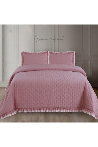 River Rose Pliseli Ultrasonic Yatak Örtüsü Açık Pembe