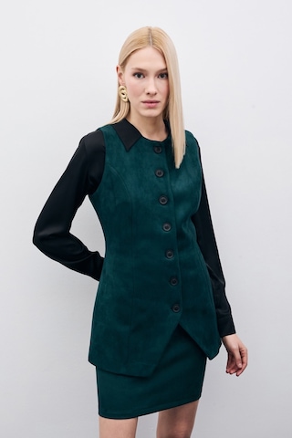 Sateen Düğmeli Uzun Süet Yelek - Zümrüt-135507 Zümrüt Zümrüt Yeşili